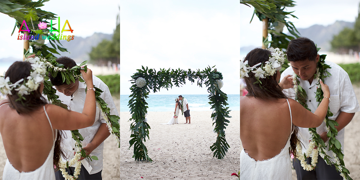 The green Maile lei wrapped with white orchids for the groom Duke