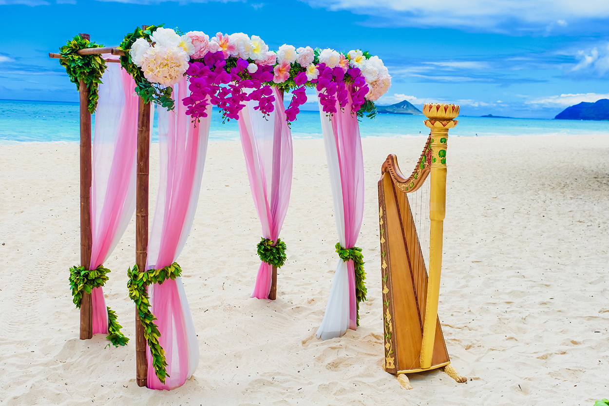 Golden harp beside a pink draped bamboo arch with flowers on the white sand
