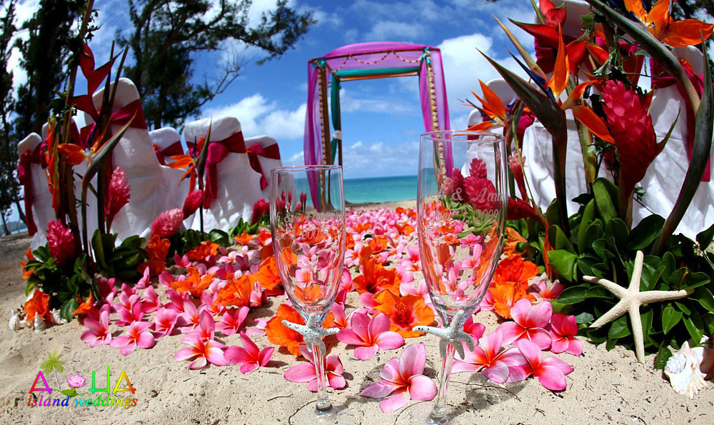 pink and orange Hawaii flowers with star fish chamagneglasses line this wedding aisle 