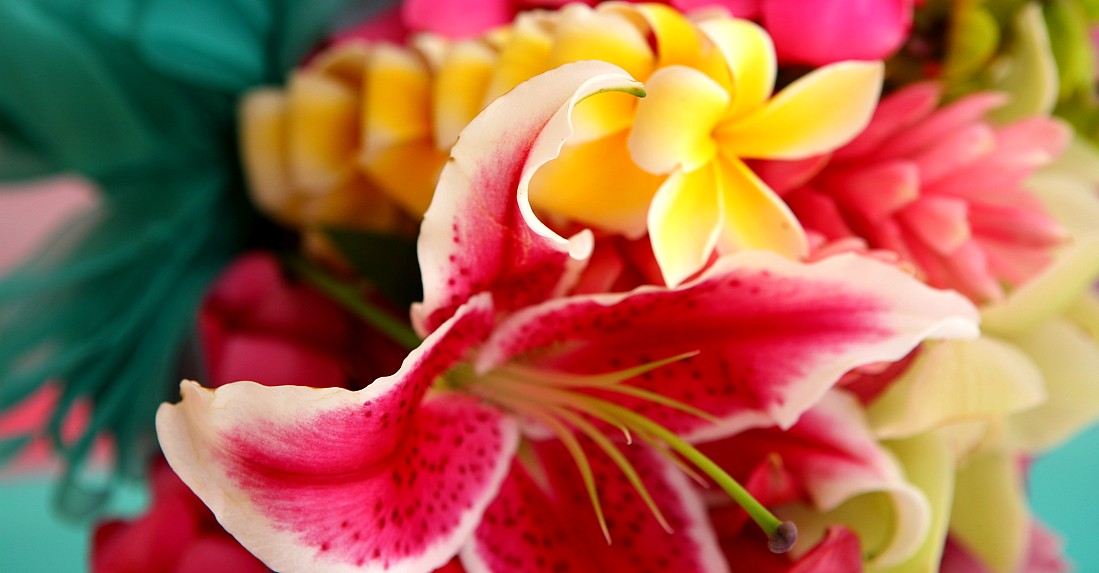 wedding bouquet of stargazers and yellow plumerias