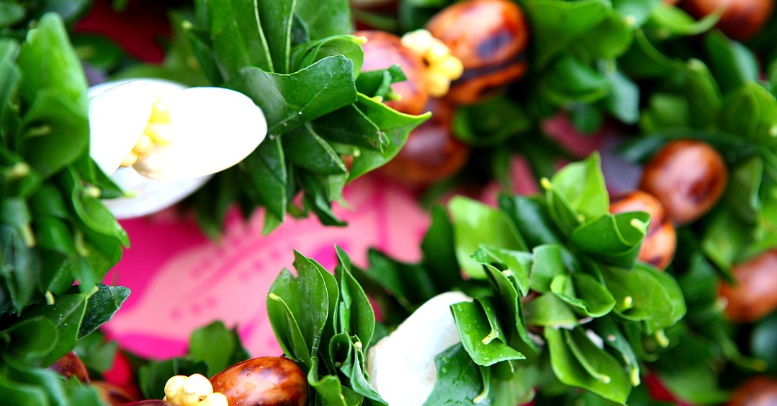 green kukuinut shell leis for the men at the wedding