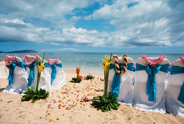 many different Hawaiian flower leis at a beach wedding on Oahu 