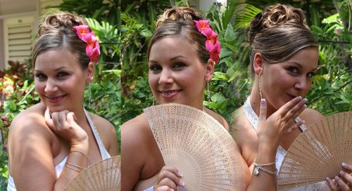 Three photos of this Hawaii bride holding a fan with dark pink plumeria flowers in her hair