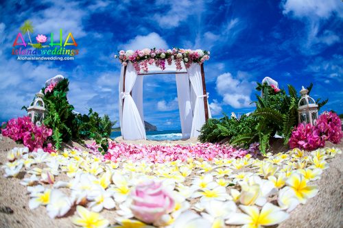 rows of yellow plumeria and pinks plumerias lead up to the Hawaiian princess archway of white chiffon on dark mahogany bamboo with fern