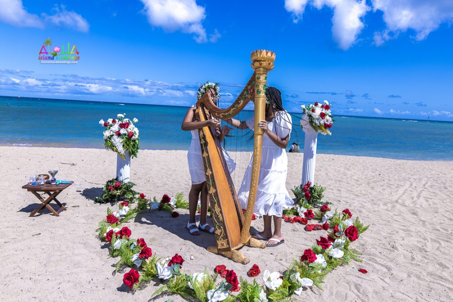 Flower girls in the heart of red roses playing the harp 