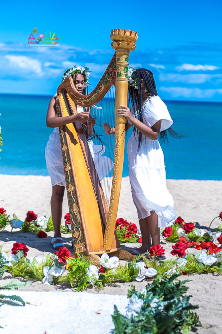 Flower girls play the harp at vow renewal , Oahu harp