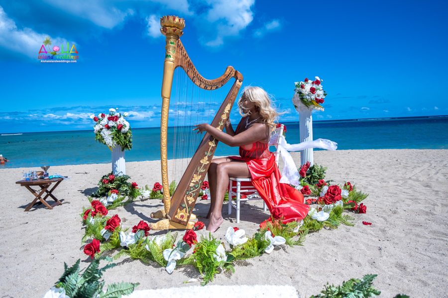 Zamaris playing the harp at her 10 year vow renewal in Hawaii on the beach of Waialae ,