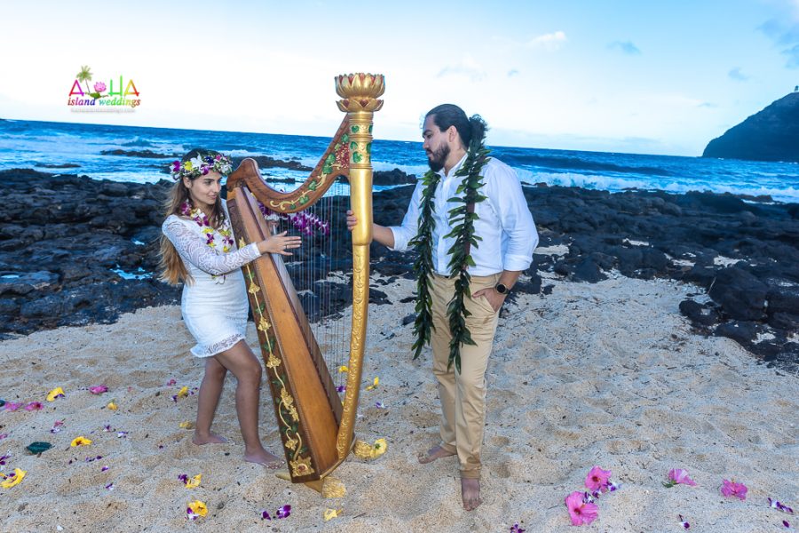 Bride with flower head lei plays harp